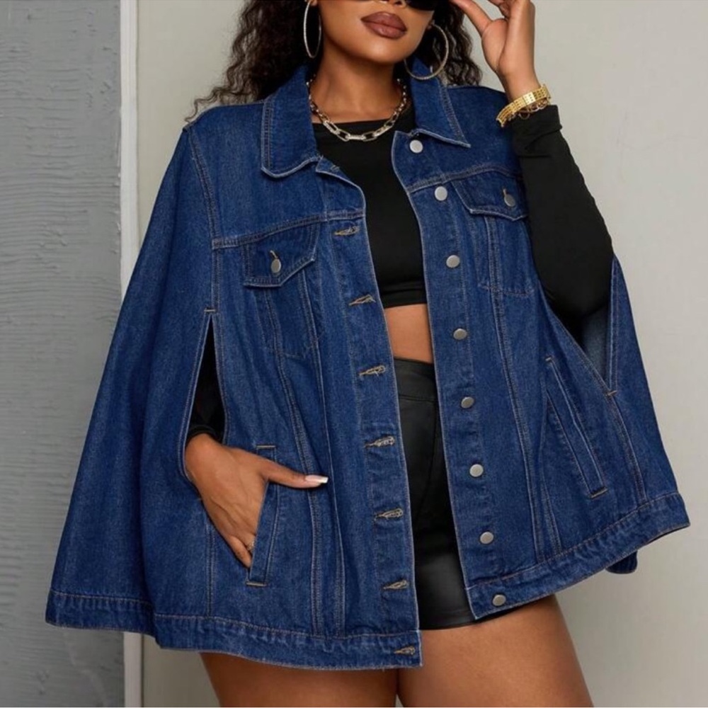 Dark Wash Button Down Jeans Denim Cape Jacket 1X 2X 3X 4X